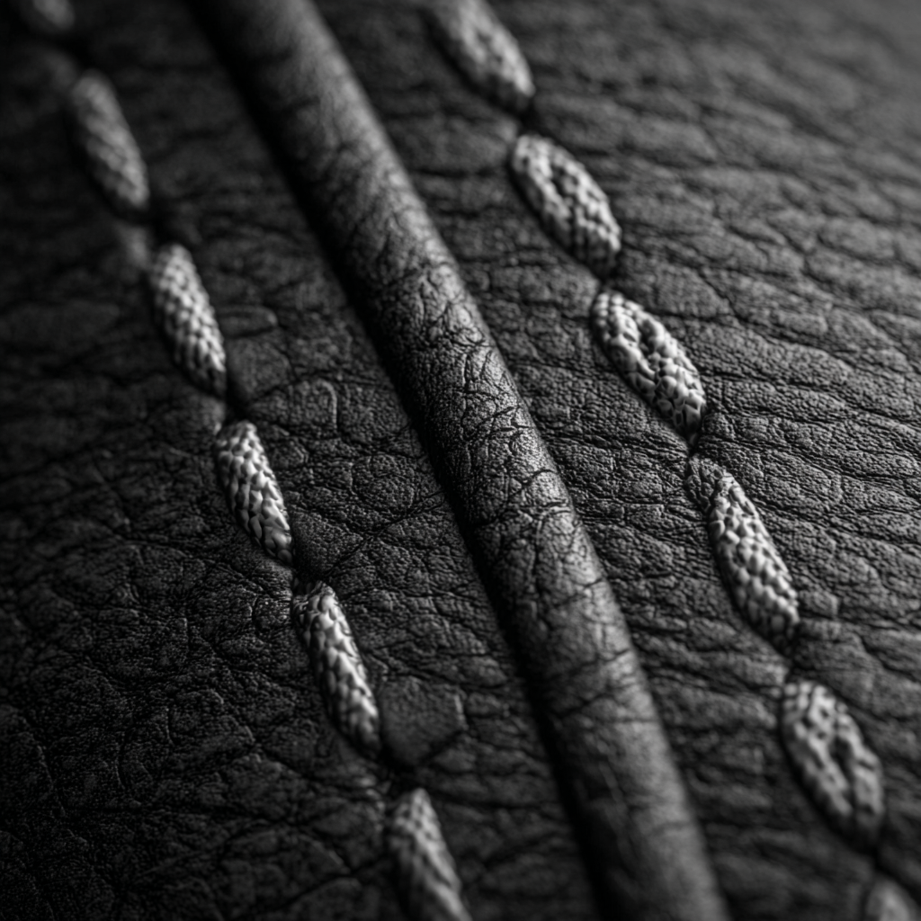 Macro shot of hand-stitched black leather seam and fine grain texture